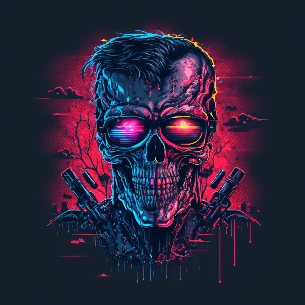 tshirt vector, terminator graphic, synthwave, vivid colors, detailed